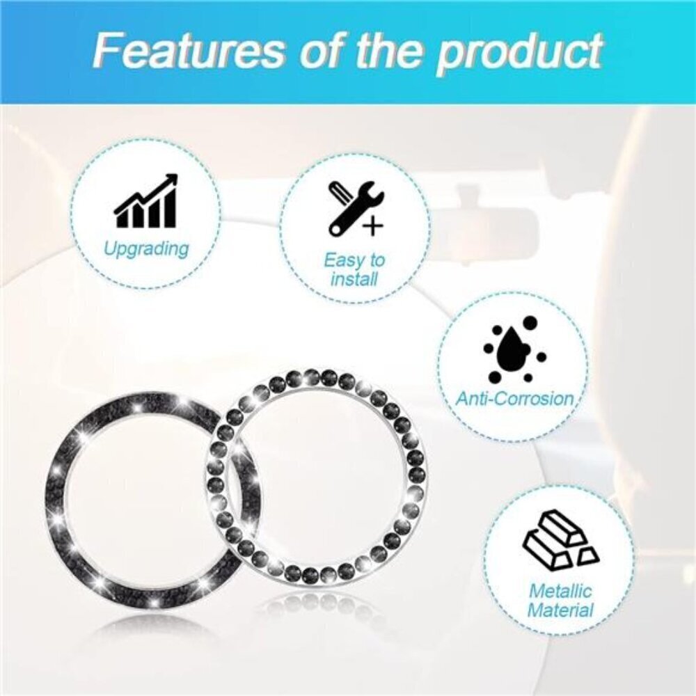Car Start Button Bling Rhinestone Diamond Engine Button Ring 2-Pack Black - Picture 3 of 7